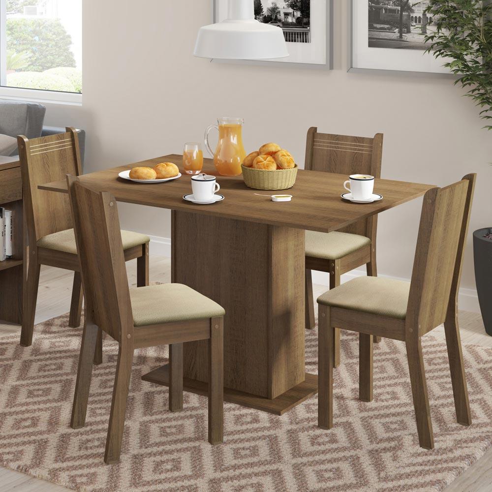 Conjunto Mesa de Jantar Redonda Cecília Amadeirada Natural 120cm com 4  Cadeiras Estofadas Isabela Cinza