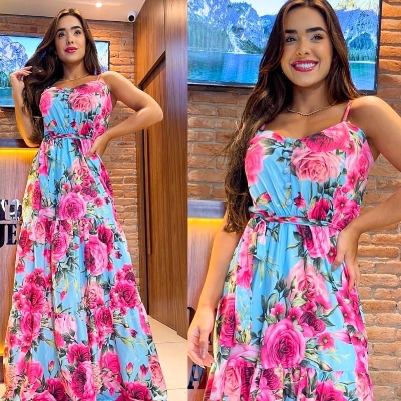 Vestido Longo, curto, com abertura lateral e fenda Estampado Azul Floral  Florido Alça Verão Festas Casamento Chá Revelação Natal