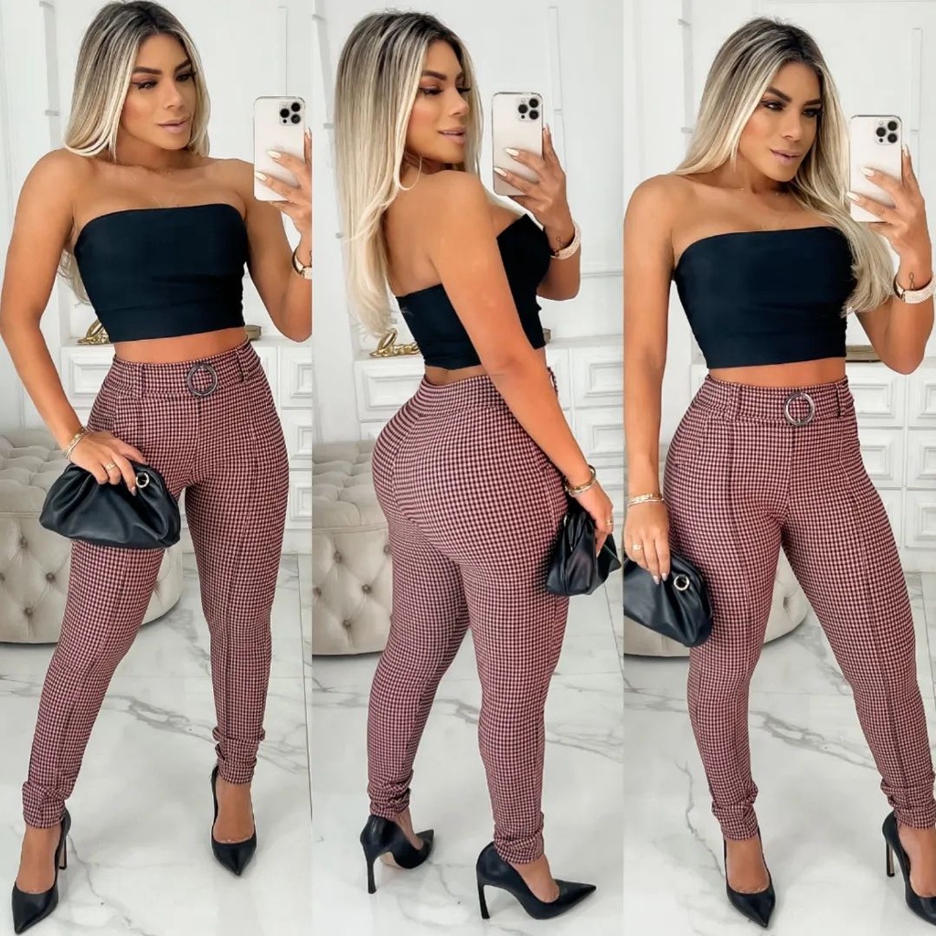 Calça Xadrez Feminina Skinny luxo Risco Cintura Alta Tendência