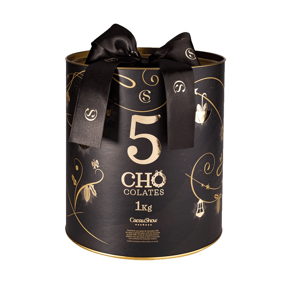 Chocotone 5 Chocolates 1Kg Cacau Show Chocottone Panettone Premium com Gotas de Chocolate e trufado Lacreme ao Leite e Branco