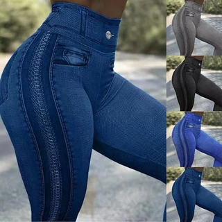Moda Cintura Alta Fitness Leggings Elástico Push Up Calça Feminina Slim Faux Denim Jeans Leggins