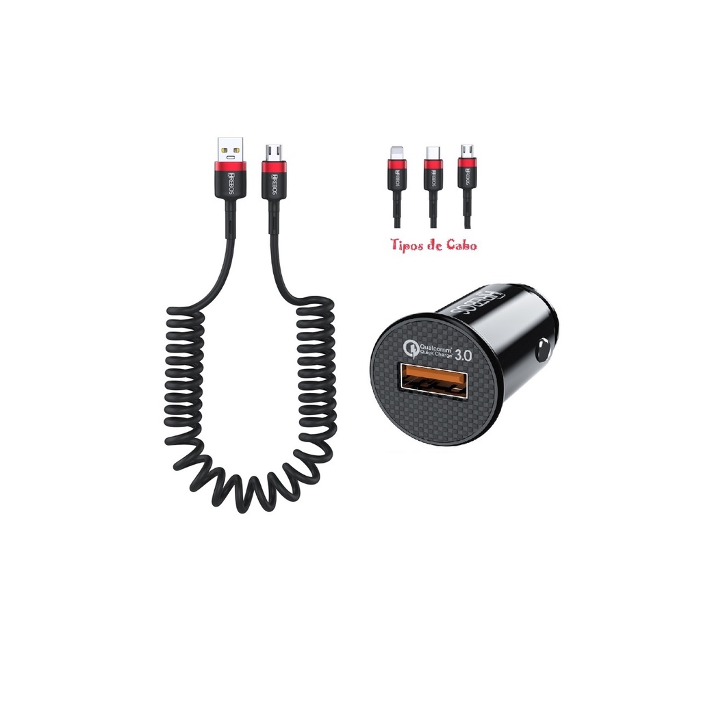 Carregador Veicular Turbo HRebos HS-308 ou cabo espiral