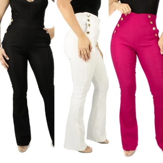 Calça Flare Feminino Botões Dourado Bengaline Cintura