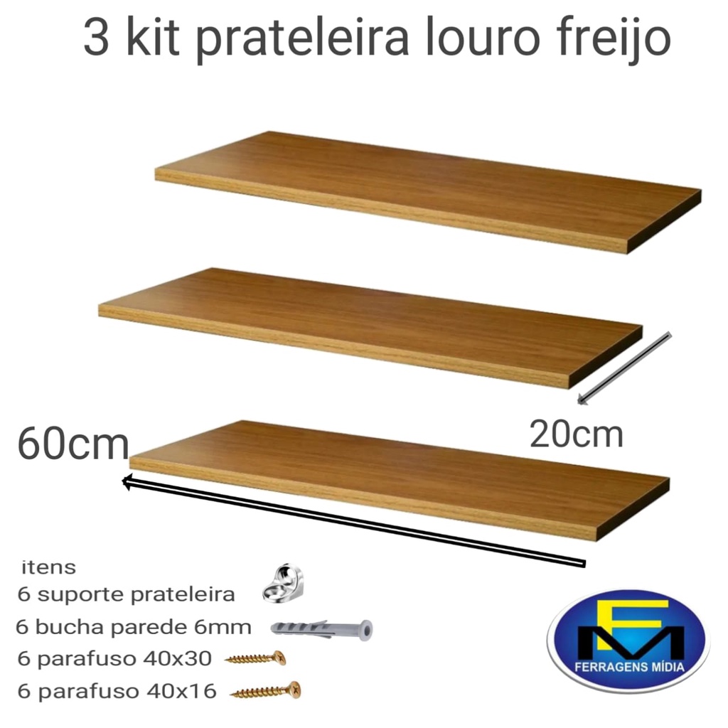 kit 3 Prateleira Louro Freijó 60x20cm porta livro para sala quarto ou diversos 100% mdf