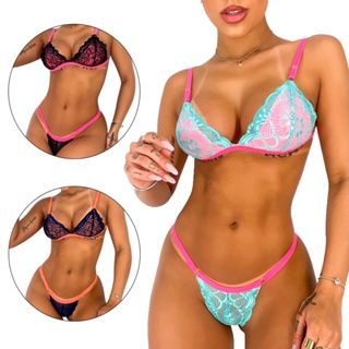 Kit 3 Conjuntos Lingerie Sensual Rendado Elástico Neon Sem Bojo