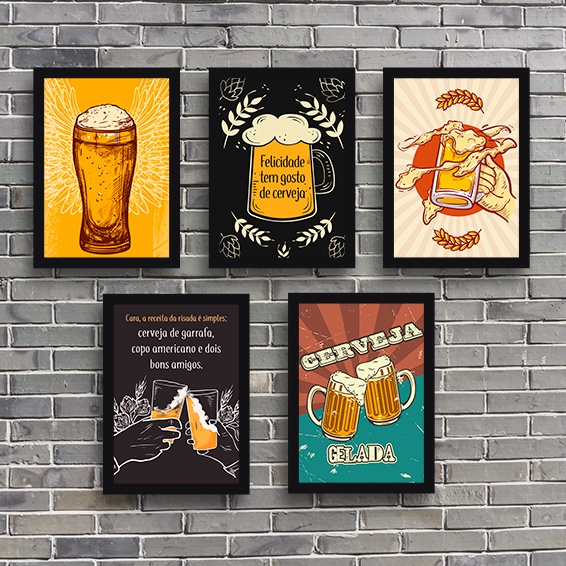 Kit 5 Placas Decorativas Cerveja Bebidas Bar Boteco - Quadro Decoração e Presente