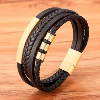 Moda Novo Estilo Acessório Combinado De Multicamadas Tecido À Mão Pulseira De Couro Masculino De Aço Inoxidável Clássico Presente