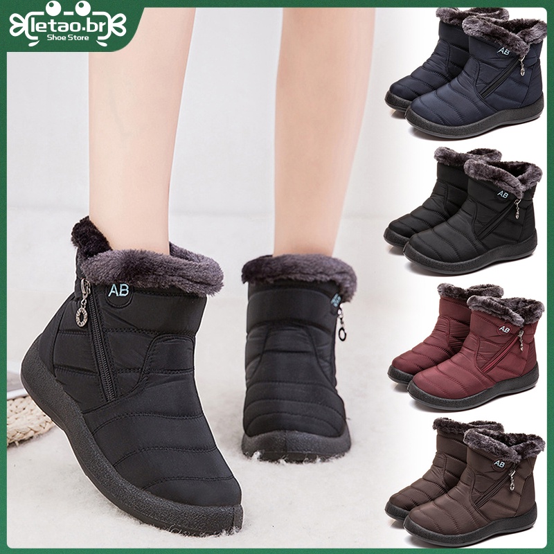 Bota De Neve Feminina Com Zíper Lateral Impermeável Antiderrapante