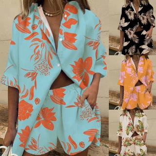 2022 Verão Damas Lapela Manga Curta Estampada De Duas Peças Calças Elásticas De Cintura Larga Shorts