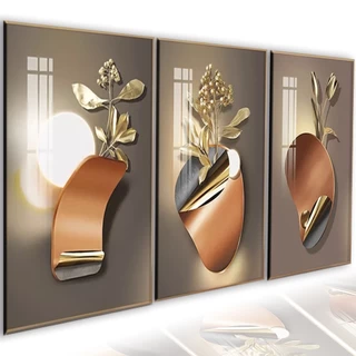 Quadros Decorativos de Parede 3 Peças Nordic Flor Dourada 3D Folhas Gold Sala Quarto