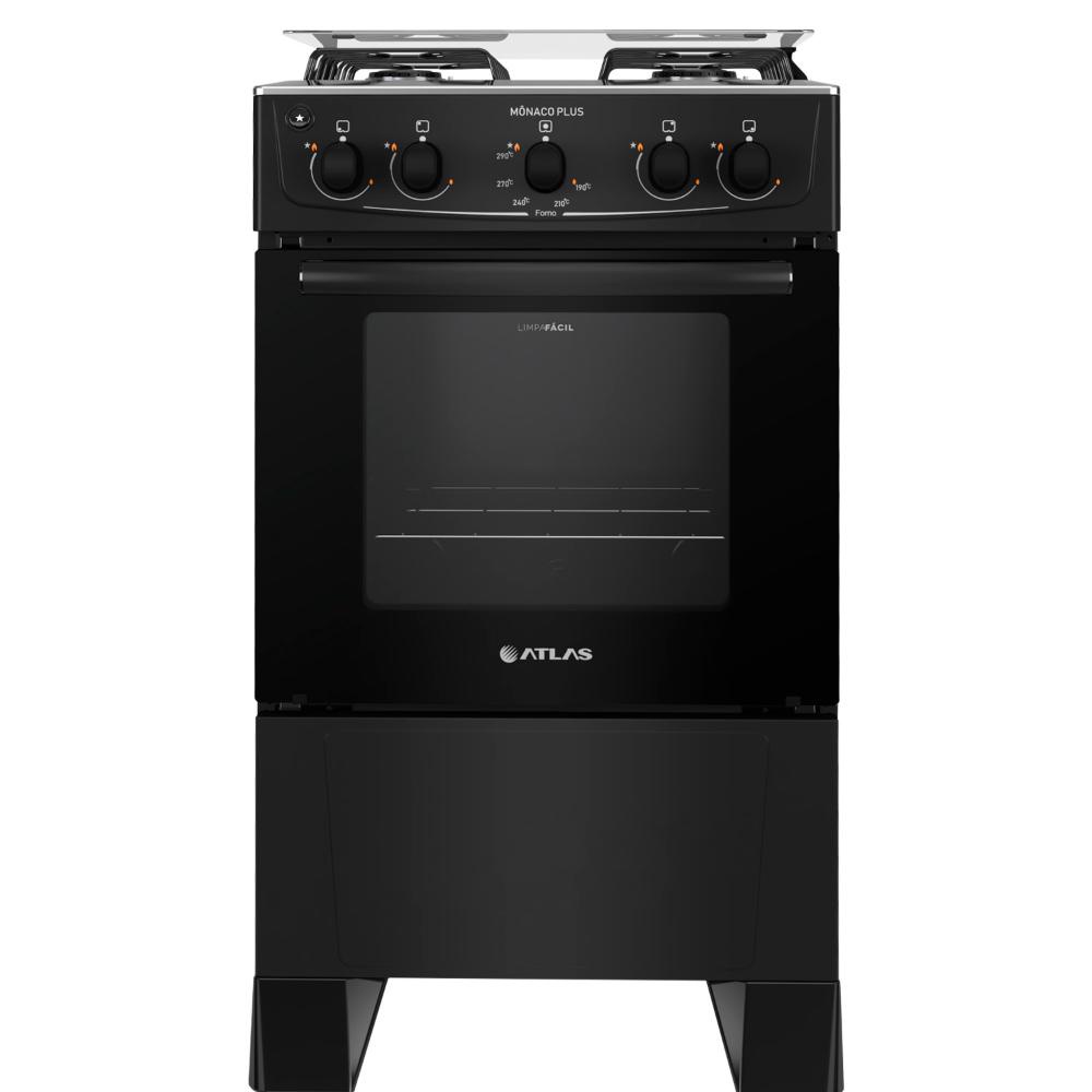 Fogão 4 bocas Atlas Mônaco Plus Preto com Acendimento Automático e Mesa Inox