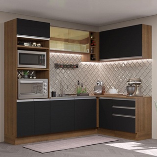 Cozinha Completa de Canto Madesa Glamy 399002 com Armário e Balcão (Sem Tampo e Pia) - Rustic/Preto
