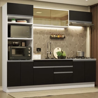 Cozinha Completa Madesa Glamy 270010 com Armário e Balcão (Sem Tampo e Pia) - Branco/Preto em Oferta na Shopee