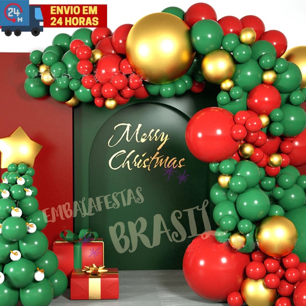 Kit 125 Balões Natal Vermelho Verde e Dourado Cromado Festa Lembrancinha em Oferta na Shopee