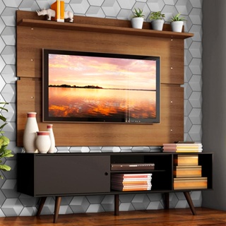 Rack Madesa Cairo e Painel para TV até 65 Polegadas com Pés de Madeira - Rustic/Preto