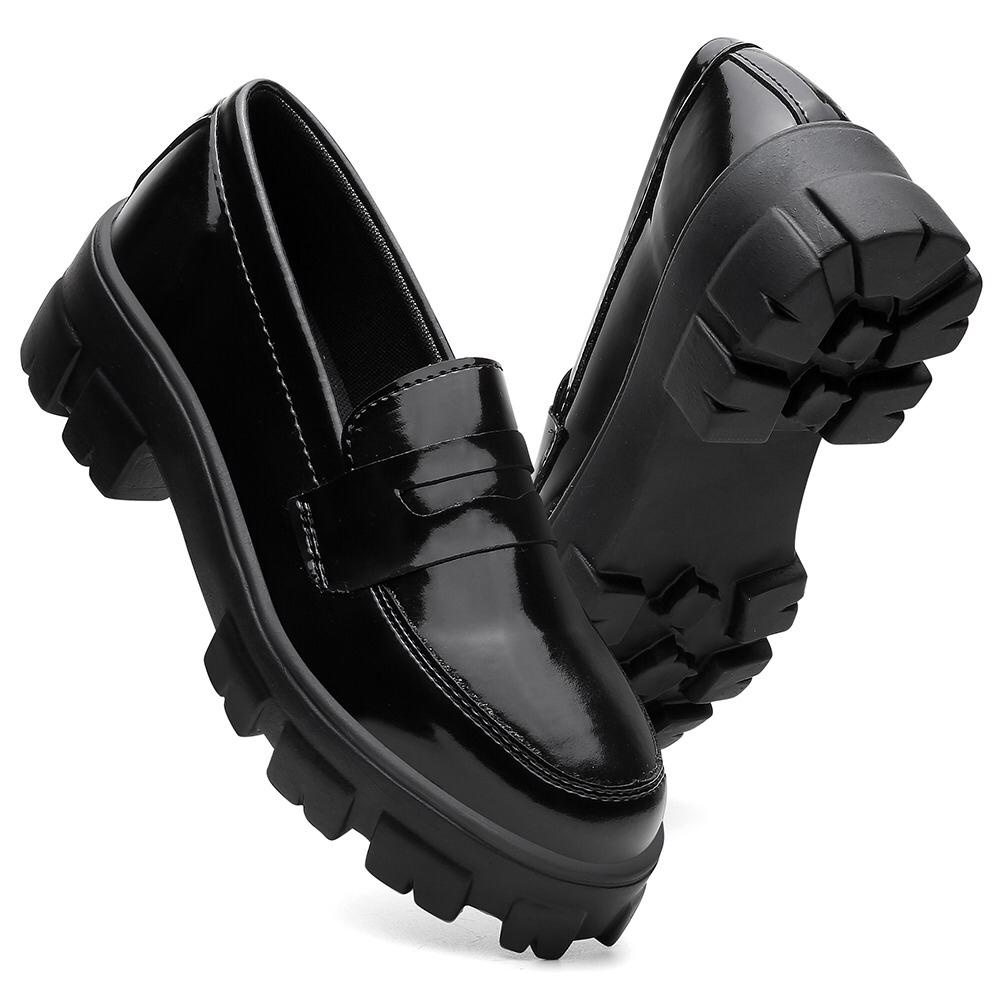 Sapato Social Feminino Mocassim Tratorado Preto Envernizado | Shopee Brasil