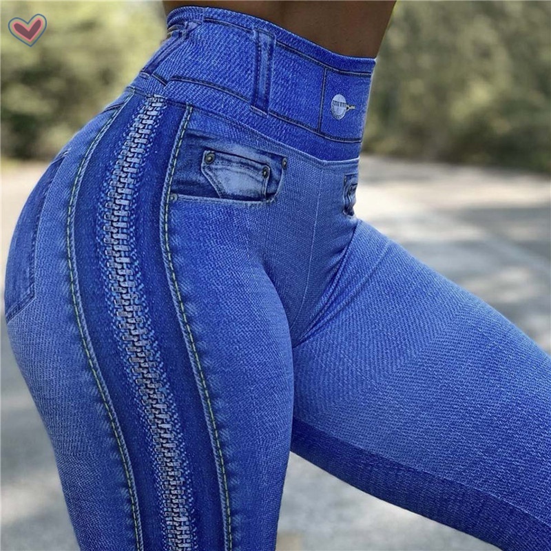 Mulheres Magras Leggings Faux Denim Jeans De Cintura Alta Calças
