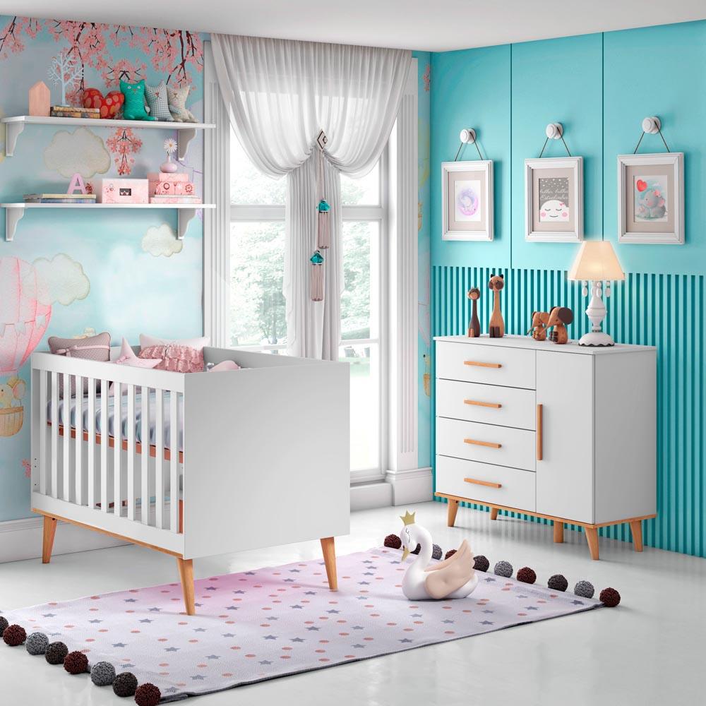 Quarto de Bebê Retrô Cômoda com Fraldário Berço 3 em 1 Ludmila Branco ...