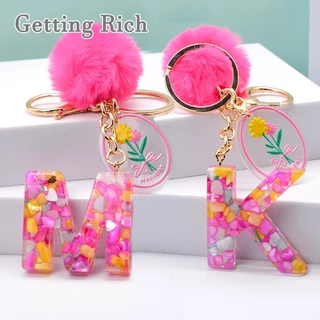 1pcs Kawaii 26 Letras Chaveiros Para Bolsas Femininas Encanta A Z Alfabeto De Resina Pingente Com Flor Pompom Rosa em Oferta na Shopee