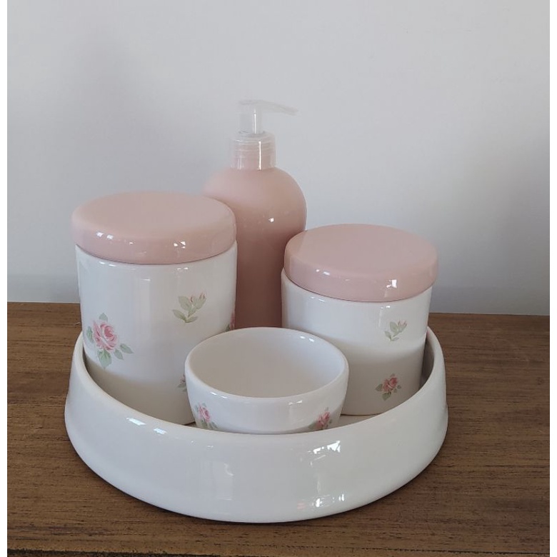 Kit Higiene Bebê Porcelana Flor Florzinha Floral Band Redonda Branca 04 Pçs
