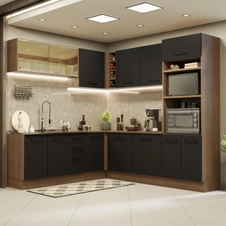 Cozinha Completa de Canto Madesa Agata 459001 com Armário e Balcão (Sem Tampo e Pia) - Rustic/Preto em Oferta na Shopee
