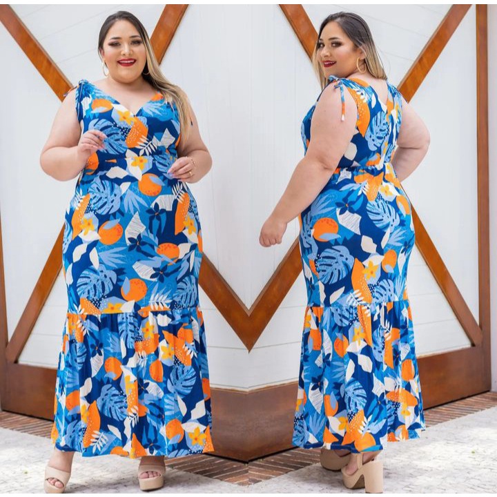 Lindo vestido longo babado estampado Plus size tecido viscolycra