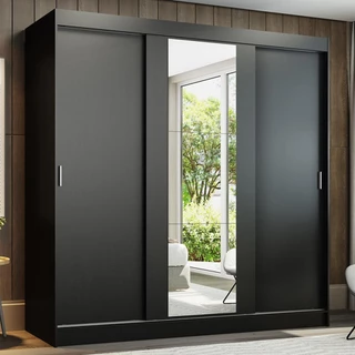 Guarda-Roupa Casal Madesa Reno 3 Portas de Correr com Espelho - Preto
