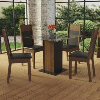 Conjunto Sala de Jantar Madesa Miami Mesa Tampo de Vidro com 4 Cadeiras - Preto/Rustic/Sintético Preto