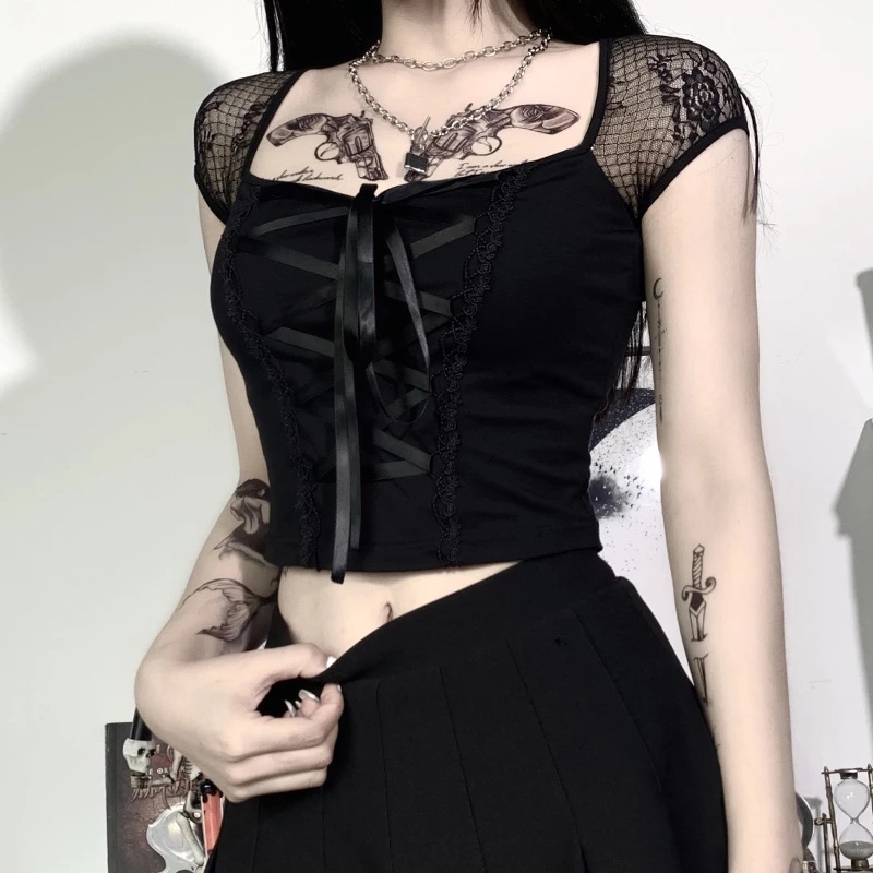 Bodycon Bandagem Vintage Goth Camisetas Pretas De Renda Gótica