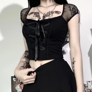 Bodycon Bandagem Vintage Goth Camisetas Pretas De Renda Gótica Roupa De Rua Sexy Casual Malha Curta Blusas De Manga
