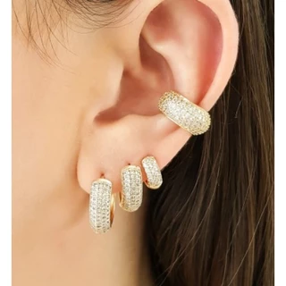 Kit com 3 pares de Brincos Argolas com Strass para segundo e terceiro furos Folheados - 3 tamanhos Prata/Dourado