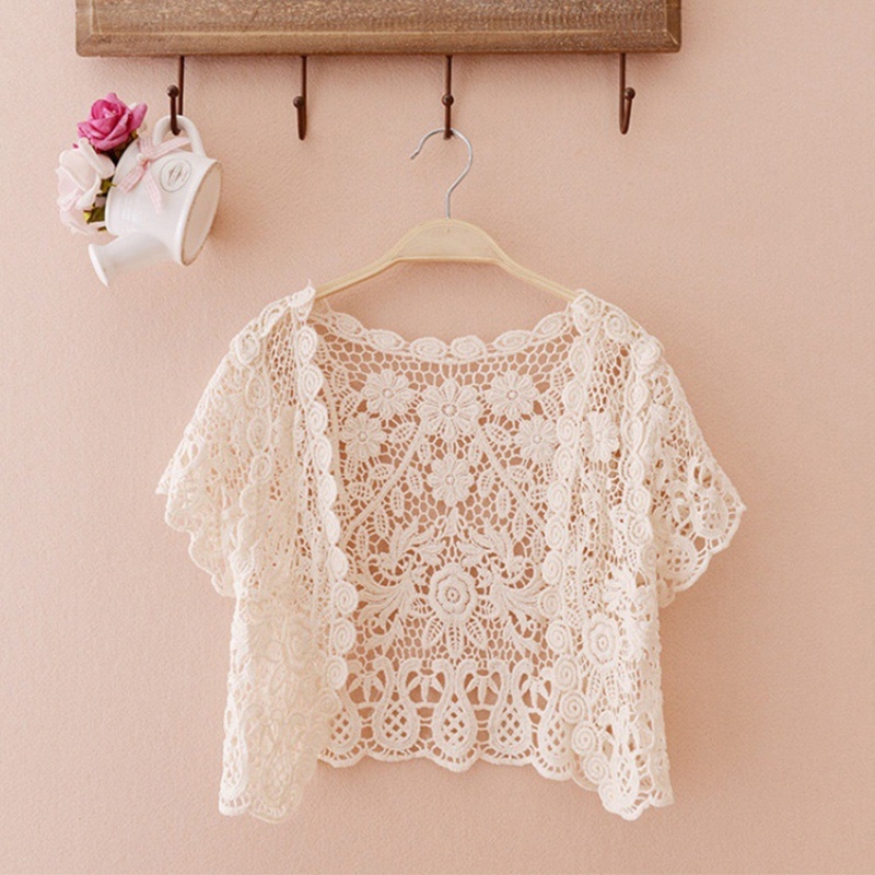 Jew Womens Open Front Tassels Lace Crop Cardigan Sheer Floral