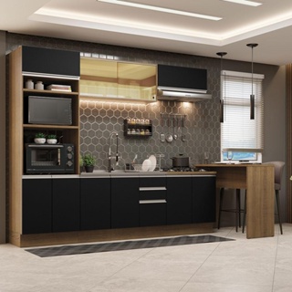 Cozinha Completa Madesa Glamy 315001 com Armário, Balcão e Bancada (Sem Tampo e Pia) - Rustic/Preto