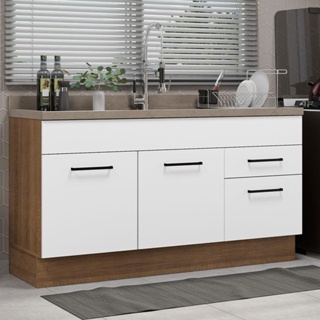 Balcão Gabinete de Pia Madesa Agata 150 cm 2 Portas e 2 Gavetas (Sem Tampo e Pia) - Rustic/Branco