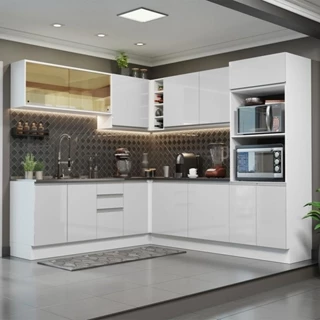 Cozinha Completa de Canto 100% MDF Madesa Acordes 459001 Armário e Balcão - Frentes Branco Brilho em Oferta na Shopee