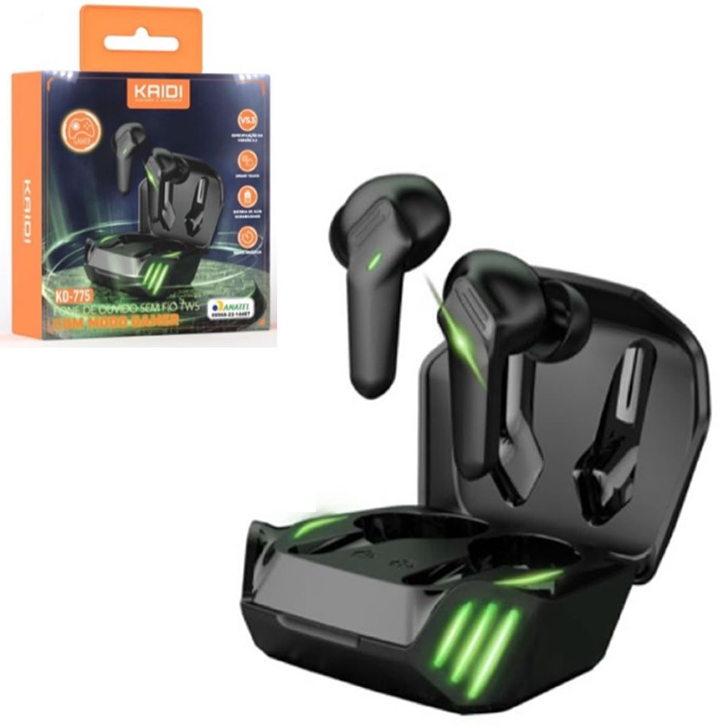 Fone De Ouvido Gamer Sem Fio Bluetooth 5.1 Tws Microfone Original Kaidi KD-775 Preto Smart Touch