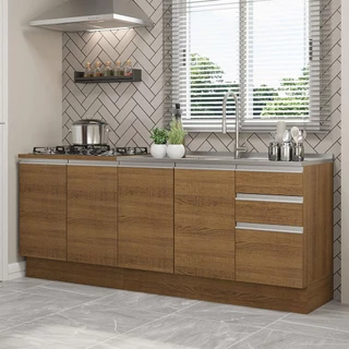 Kit com 2 Balcões de Cozinha Madesa Glamy 4 Portas 3 Gavetas (Sem Tampo e Pia) - Rustic em Oferta na Shopee