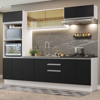 Armário de Cozinha Completa 100% MDF 270cm Branco/Preto Acordes Madesa 07 em Oferta na Shopee