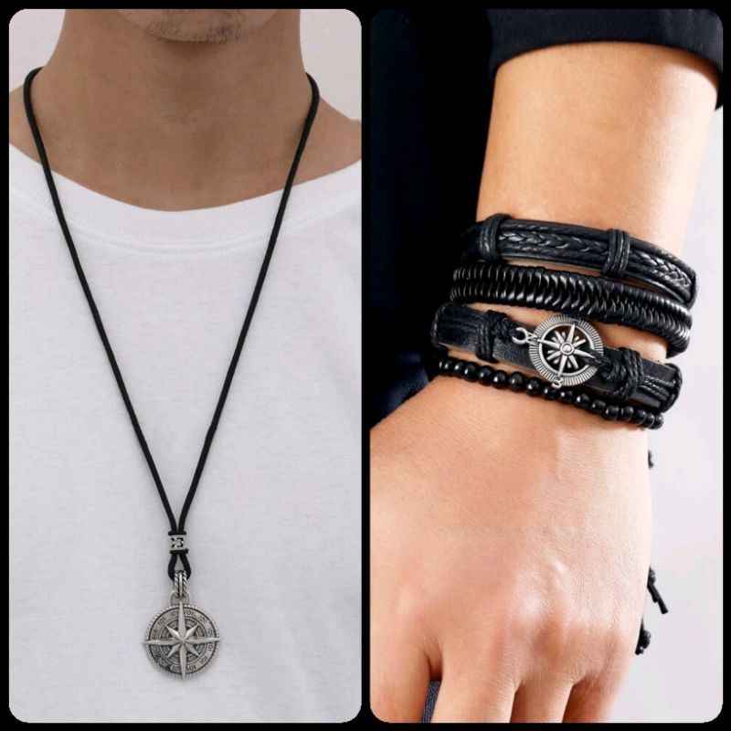 Colar Masculino estrela do norte, rosa dos ventos. Pulseira Masculina de couro PU. Conjunto com 4 peças com bússola decorativa