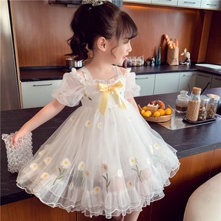 vestido de festa vestido infant Princesa Para Meninas Verão Crianças Saia Novo Malha Pequena Margarida Fora Do Ombro Menina Ocidental roupa infantil menina vestido para menina de um an