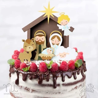 Topo Topper de Bolo Presepio 3D Natal Personalizado Já no palito