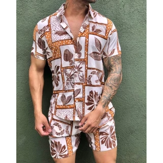 Conjunto Camisa E Short Florido Estampado Floral Adulto Masc "