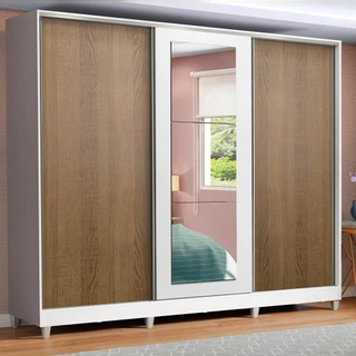 Guarda Roupa Casal 100% MDF Madesa Eros 3 Portas de Correr com Espelho com Pés - Branco/Rustic em Oferta na Shopee
