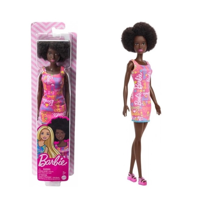 Boneca barbie fashion and beauty vestido preto com estampa rosa mattel