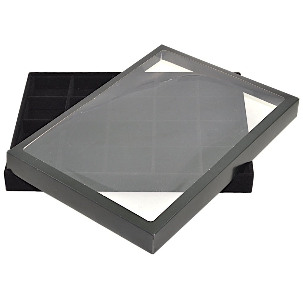 Bandeja Grande 20 Quadriculados Para Joias 37 x 27 x 3 cm - Brincos Veludo Com Tampa em P.V.C