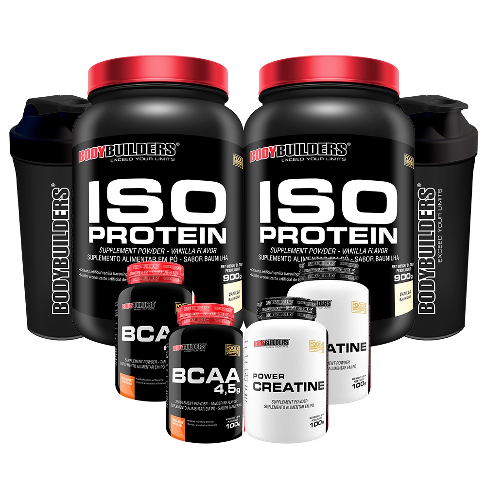 Kit 2x Suplemento de Proteína Isolada Iso Protein 900g + 2x BCAA 4.5 100g + 2x Power Creatina 100 + 2x Coqueteleira – Aumento de Massa Muscular Magra – Bodybuilders