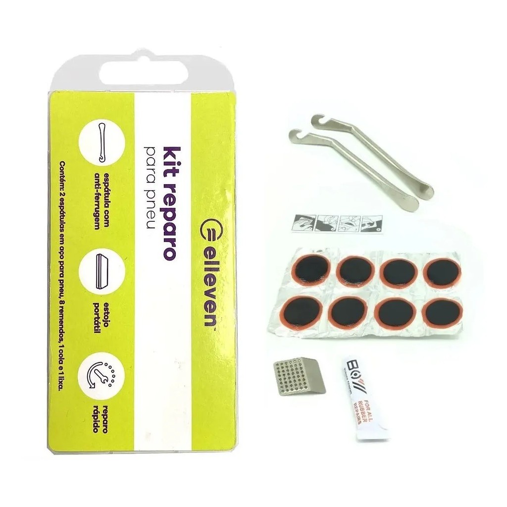 Kit Estojo Reparo Remendo Pneu Para Bike Elleven C/ 2 Espátulas Aço