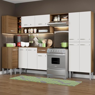 Cozinha Completa de Canto Reto Madesa Emilly Sun com Armário e Balcão 11 Portas 1 Gaveta - Rustic/Branco