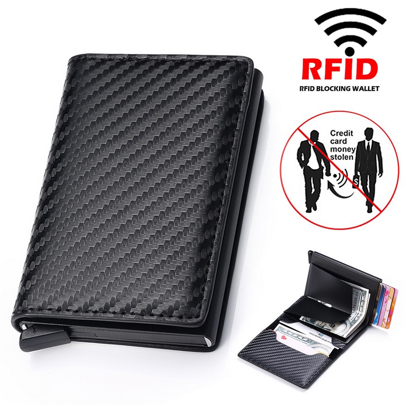 Fibra de carbono titular do cartão carteiras homens marca rfid preto magia trifold couro fino mini carteira