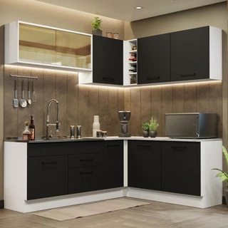 Cozinha Completa de Canto Madesa Agata 389001 com Armário e Balcão (Sem Tampo e Pia) - Branco/Preto em Oferta na Shopee
